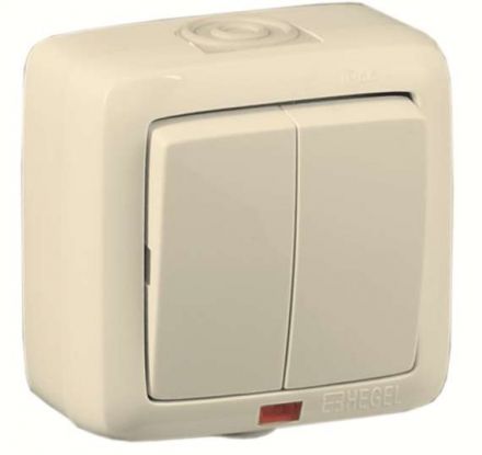 Выключатель двухклавишный наружный с индикацией слоновая кость IP44 16А