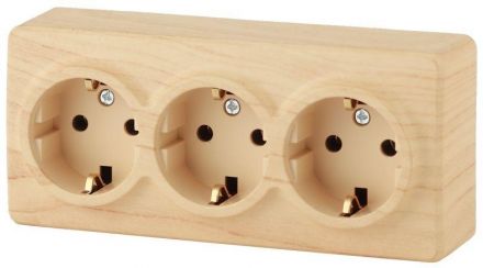 Розетка 3х2P+E Schuko, 16A-250В, ОУ, Эра Эксперт, сосна, 11-2208-11