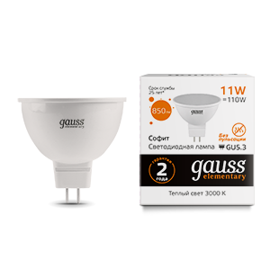 Лампа светодиодная LED 11 Вт 850 Лм теплая 3000К GU5.3 MR-16 Elementary Gauss