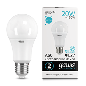 Лампа светодиодная LED 20 Вт 1600 Лм 4100К белая E27 А60 Elementary Gauss