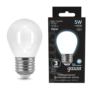 Лампа светодиодная LED 5 Вт 450 Лм 4100К белая Е27 Шар milky Filament Gauss