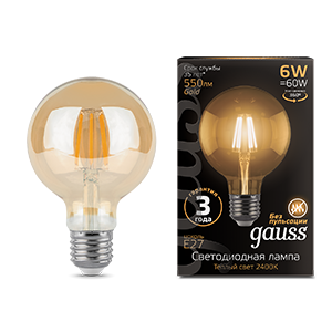 Лампа светодиодная LED 6 Вт 550 Лм 2400К теплая Е27 G95 golden Filament Gauss