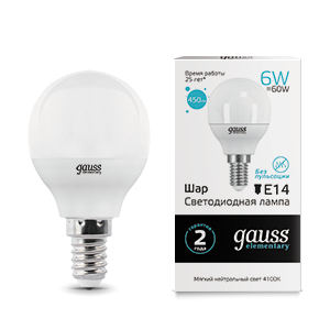 Лампа светодиодная LED 6 Вт 450 Лм 4100К белая Е14 Шар Elementary Gauss