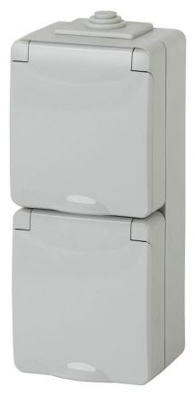 Розетка 2х2P+E верт. IP65, шторки, 16A-250В, ОУ, Эра Эксперт, серый, 11-2608-03