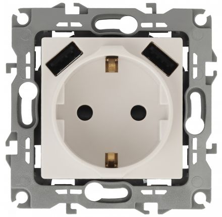 Розетка 2P+E 16A-250В, штор. с 2xUSB 5В-3А, Эра12, слоновая кость (10/100/2000) 12-4109-02 ЭРА