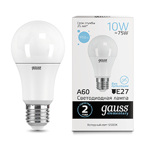 Лампа светодиодная LED 10 Вт 950 Лм 6500К холодная Е27 А60 Elementary Gauss