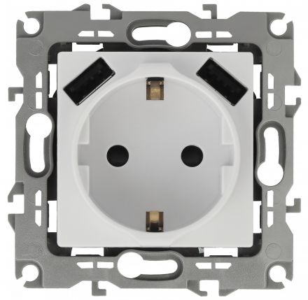 Розетка 2P+E 16A-250В, штор. с 2xUSB 5В-3А, Эра12, белый (10/100/2000) 12-4109-01 ЭРА