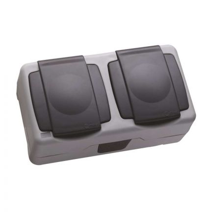 Розетка двойная герметичная с крышкой IP55 серая (пружинный зажим)