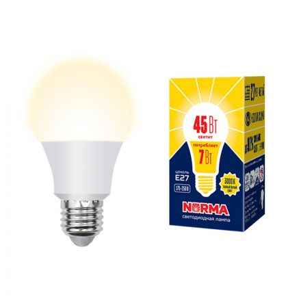 Лампа светодиодная LED-A60-7W/3000K/E27/FR/NR Форма A матовая Серия Norma Теплый белый свет (3000K) Картон ТМ Volpe
