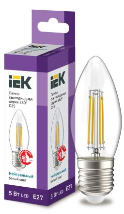 Лампа светодиодная LED 5вт Е27 белый свеча FILAMENT
