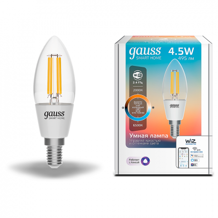 Лампа светодиодная умная LED 4.5 Вт 495 Лм 2000-6500К E14 свеча изм.цвет.темп.+дим. управление по Wi-Fi Smart Home Filament Gauss