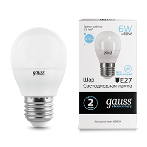 Лампа светодиодная LED 6 Вт 470 Лм 6500К холодная Е27 Шар Elementary Gauss