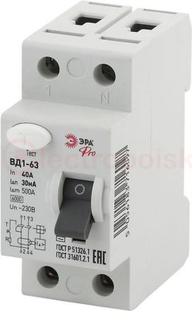 УЗО ВД1-63 Электромеханическое 1P+N 40А 30mA      NO-902-25 ЭРА Pro