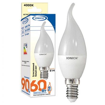 Лампа светодиодная LED 6w 4000К, E14, 540Лм, матовая свеча на ветру IONICH
