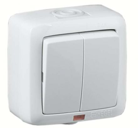 Выключатель двухклавишный наружный с индикацией белый IP44 16А