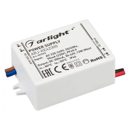 Блок питания ARJ-KE42300 (13W, 300mA, PFC) (ARL, IP44 Пластик, 5 лет)