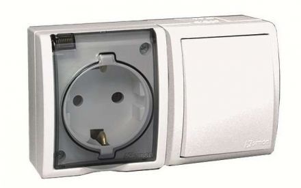 Simon15 Aqua Блок розетка с заземлением 16А 250В + выключатель 10А 250В IP54 белый
