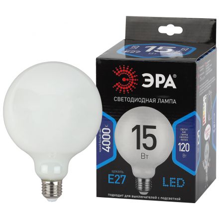 Лампа светодиодная F-LED G125-15w-840-E27 OPAL  (филамент, шар опал, 15Вт, нетр, E27) (20/240) ЭРА