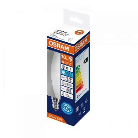 Лампа светодиодная 10Вт 806Лм 6500К Е14 свеча 170-250В OSRAM LONG LIFE