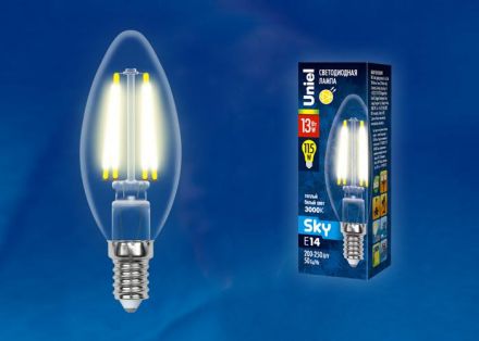 LED-C35-13W/3000K/E14/CL PLS02WH Лампа светодиод  ая. Форма свеча, прозрачная. Серия Sky. Теплый белый свет (3000К)