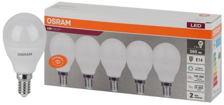 Лампа светодиодная LED 7 Вт E14 6500К 560Лм шарик 220 В (замена 60Вт) OSRAM