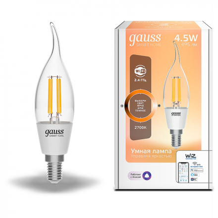 Лампа светодиодная умная LED 4.5 Вт 495 Лм 2700К E14 свеча на ветру диммируемая управление по Wi-Fi Smart Home Filament Gauss