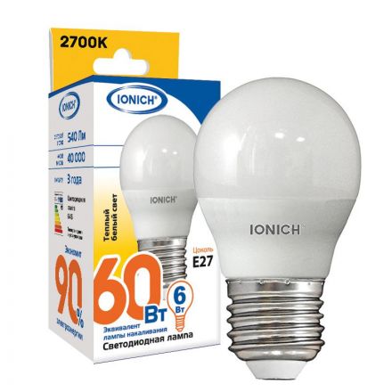 Лампа светодиодная LED 6w 2700К, E27, 540Лм, матовая, шар IONICH