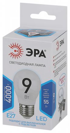 Лампа светодиодная Е27 9Вт шар нейтральный белый свет STD LED P45-9W-840-E27 E27 / ЭРА