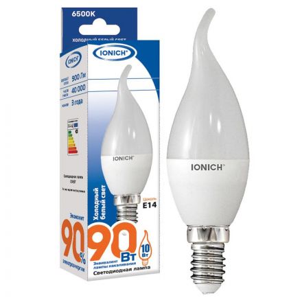 Лампа светодиодная LED 10w 6500К, E14, 900Лм, матовая свеча на ветру IONICH
