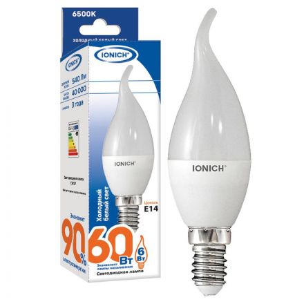 Лампа светодиодная LED 6w 6500К, E14, 540Лм, матовая свеча на ветру IONICH