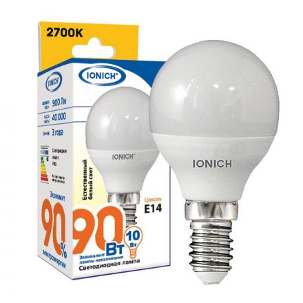 Лампа светодиодная LED 10w 4000К, E14, 900Лм, матовая, шар IONICH