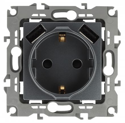 Розетка 2P+E 16A-250В, штор. с 2xUSB 5В-3А, Эра12, графит (10/100/2000) 12-4109-12 ЭРА