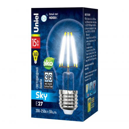 LED-A70-15W/4000K/E27/CL PLS02WH Лампа светодиодная. Форма ''A'', прозрачная. Серия Sky. Белый свет (4000K). Картон. ТМ Uniel.''