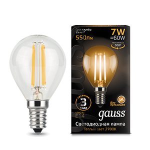 Лампа светодиодная LED 7 Вт 550 Лм 2700К теплая Е14 Шар Filament Gauss