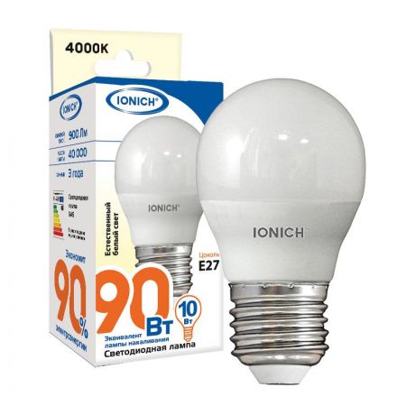 Лампа светодиодная LED 10w 4000К, E27, 900Лм, матовая, шар IONICH