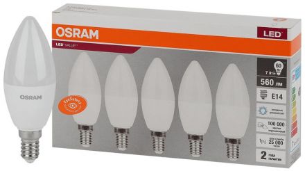 Лампа светодиодная LED 7 Вт E14 6500К 560Лм свеча 220 В (замена 60Вт) OSRAM