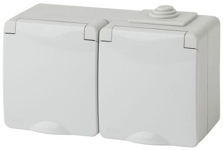 Розетка 2х2P+E гориз. IP65, шторки, 16A-250В, ОУ, Эра Эксперт, серый, 11-2604-03