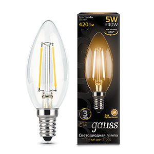 Лампа светодиодная LED 5 Вт 420 Лм 2700К теплая Е14 Свеча Filament Gauss