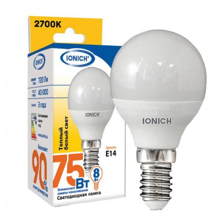 Лампа светодиодная LED 8w 2700К, E14, 720Лм, шар   IONICH