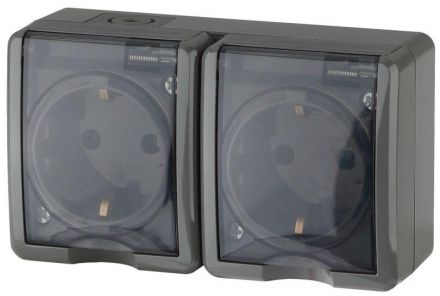 Розетка 2х2P+E IP54, шторки, 16A-250В, ОУ, Эра Эксперт, серый, 11-2404-03