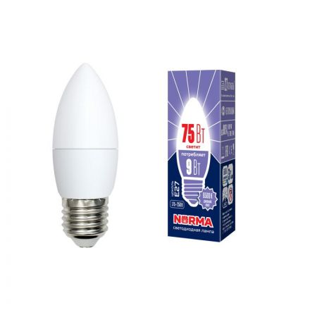 Лампа светодиодная LED-C37-9W/DW/E27/FR/NR Форма свеча, матовая. Серия Norma. Дневной белый свет (6500K). Картон. ТМ Volpe