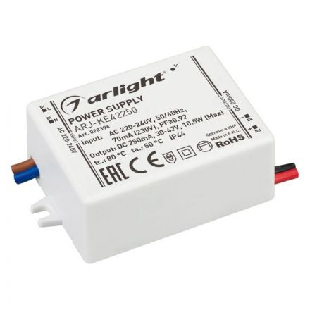 Блок питания ARJ-KE42250 (11W, 250mA, PFC) (ARL, IP44 Пластик, 5 лет)
