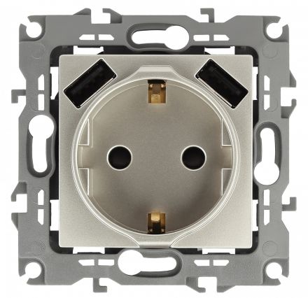 Розетка 2P+E 16A-250В, штор. с 2xUSB 5В-3А, Эра12, шампань (10/100/2000) 12-4109-04 ЭРА