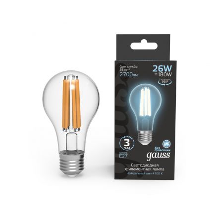 Лампа светодиодная LED 26Вт 2700Лм 4100К белая Е27 А70 Filament Gauss