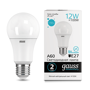 Лампа светодиодная LED 12 Вт 1150 Лм 4100К белая E27 А60 Elementary Gauss