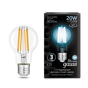 Лампа светодиодная LED 20 Вт 1850 Лм 4100К белая Е27 А60 Filament Gauss