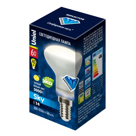Лампа светодиодная LED 6вт 200-250В рефлектор матовое 480Лм Е14 3000К Uniel Sky филамент