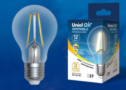 Лампа светодиодная диммируемая. LED-A60-12W/3000K/E27/CL/DIM GLA01TR Форма А, прозрачная. Серия Air. Теплый белый свет (3000K). Картон. ТМ Uniel.