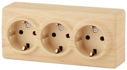 Розетка 3х2P+E Schuko со шторками, 16A-250В, ОУ, Эра Эксперт, сосна, 11-2209-11