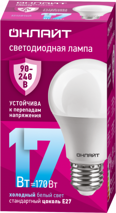 Лампа светодиодная 17вт OLL-A60-17-230-6.5K-E27 PRO 90-240В ОНЛАЙТ